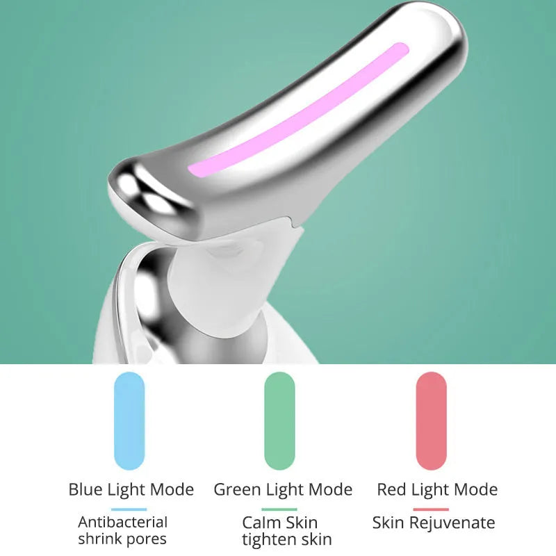 EMS thermal neck lifting massager device with three-colour LED lights on a white background.