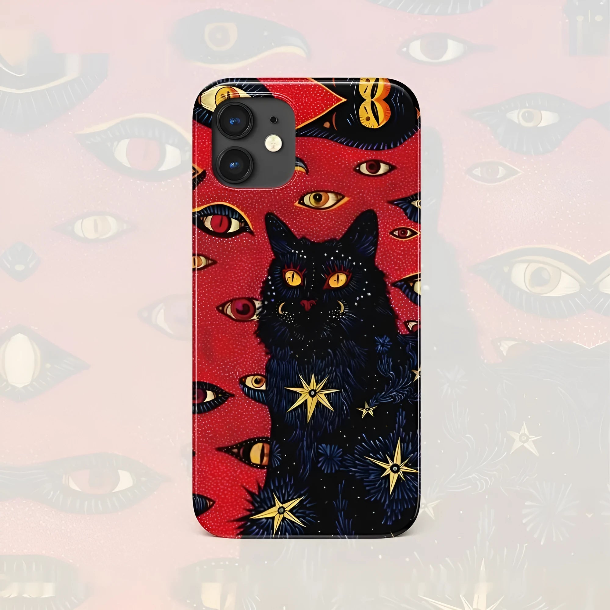 Retro cat eye design hard shell phone case for IPhone on a table, showing frosted and glossy finish options.