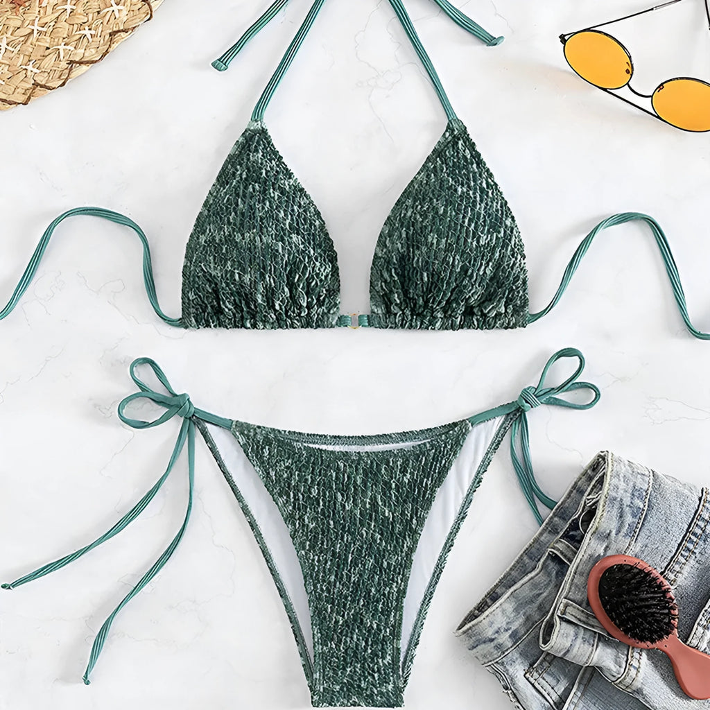Women's green or pink three-point halter strap backless swimsuit with matching shorts