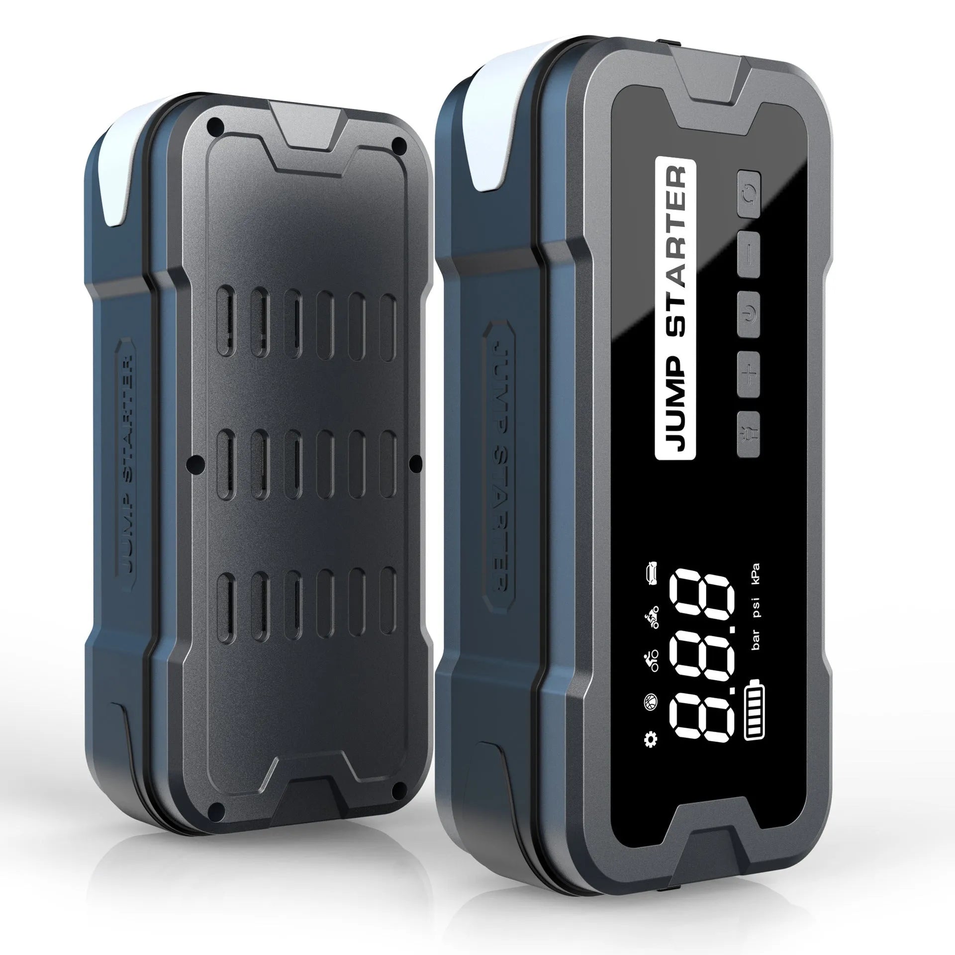 CY53 model black automotive jump starter power bank with built-in air compressor, LCD screen, and LED lights