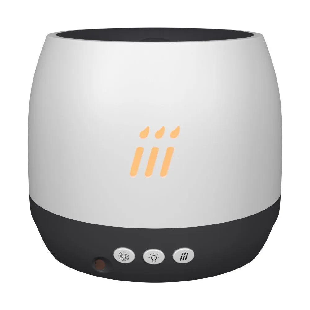 Black round flame aroma diffuser humidifier with LED lighting on wooden surface