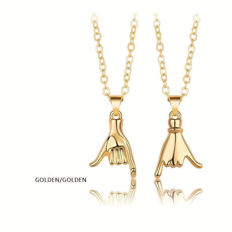 Palm couple magnet necklace with handshake clavicle chain in Korean style alloy geometric pendant white gold platinum black silver matt black