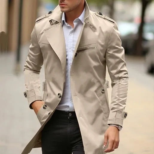 Men's lapel collar casual jacket in army green, showing side seam pockets and autumn styling.