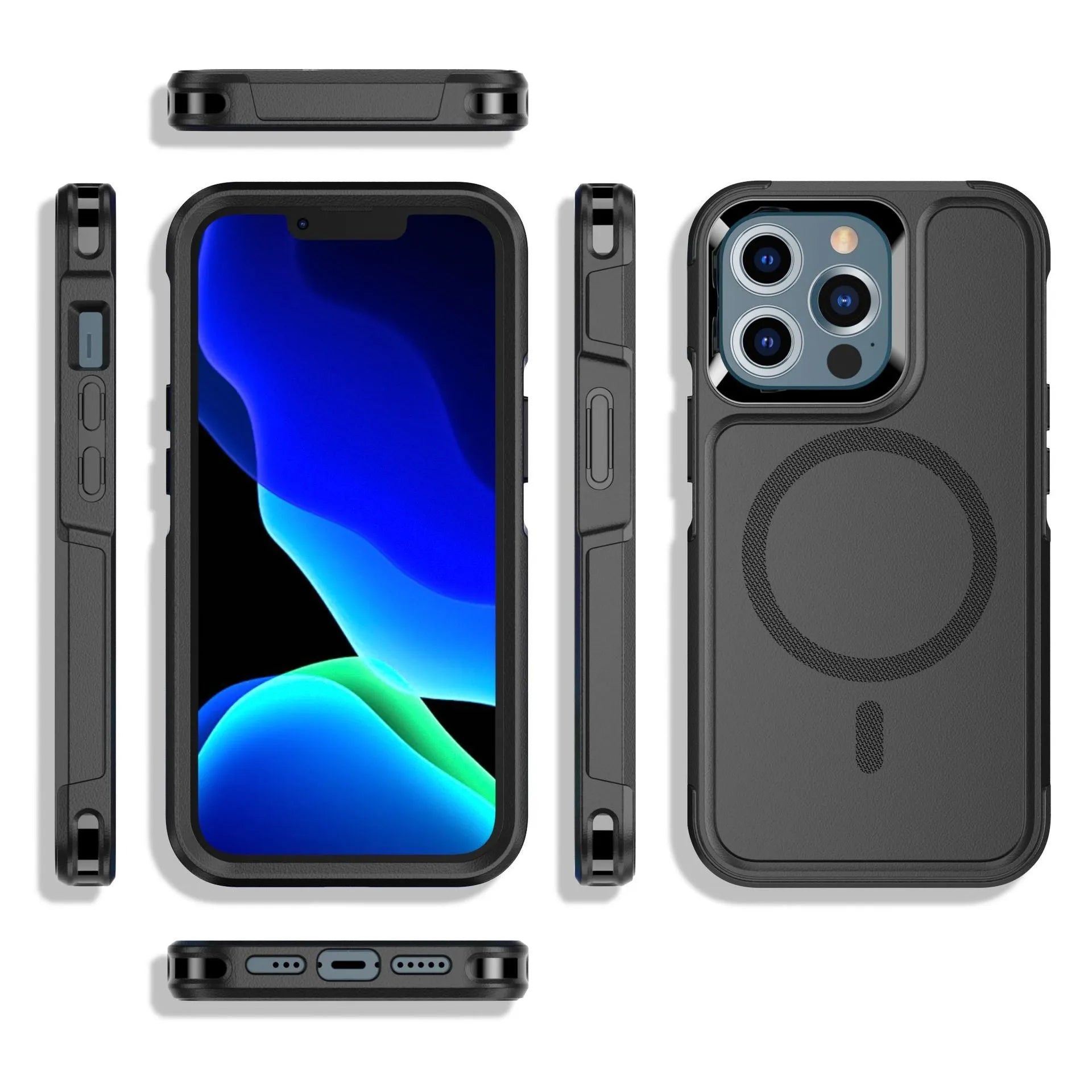 Black shatterproof magnetic back cover phone case for Apple iPhone 12 and iPhone 13 models.