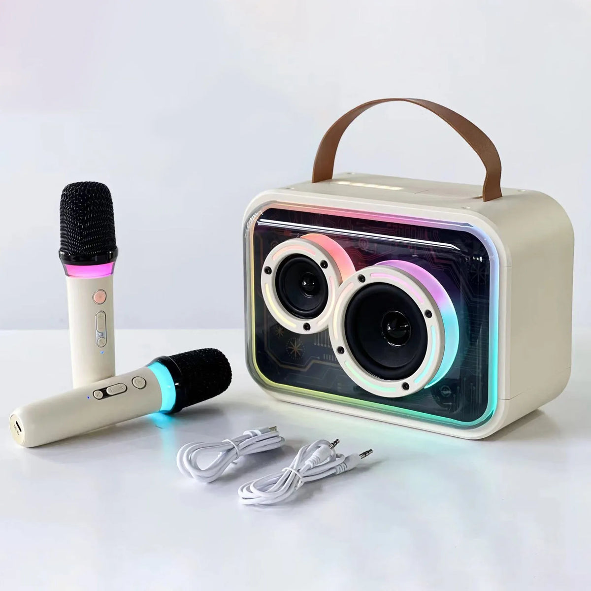 Light yellow and black Bluetooth karaoke speaker with RGB lighting and microphone options