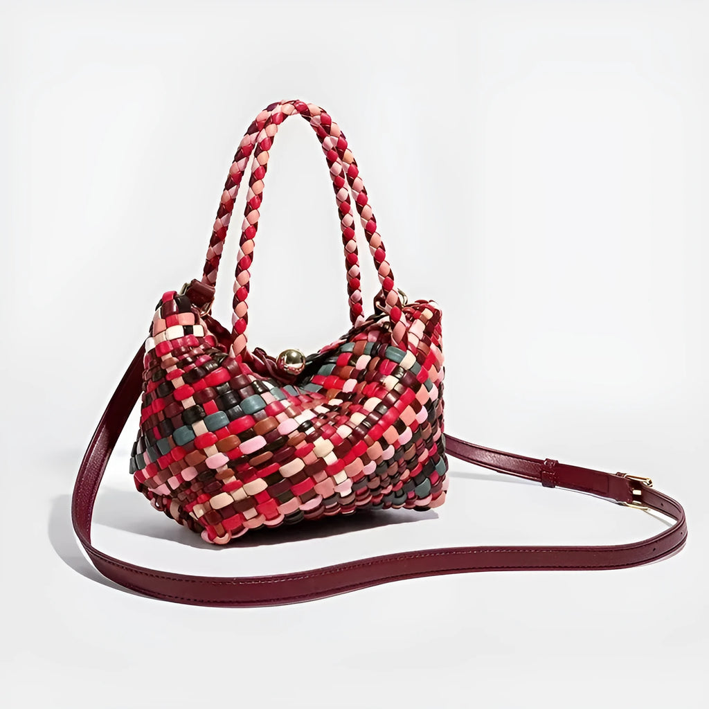 Women's colour woven PU leather shoulder bag showing handmade texture and 18x11x14 cm dimensions