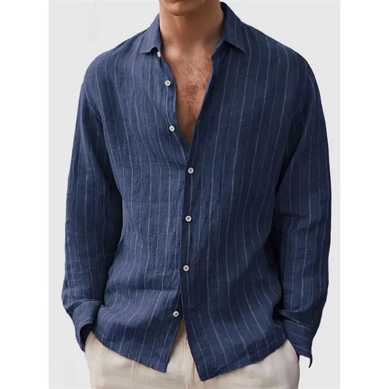 Man wearing a loose-fit striped short-sleeve cardigan-style polyester shirt for casual wear.