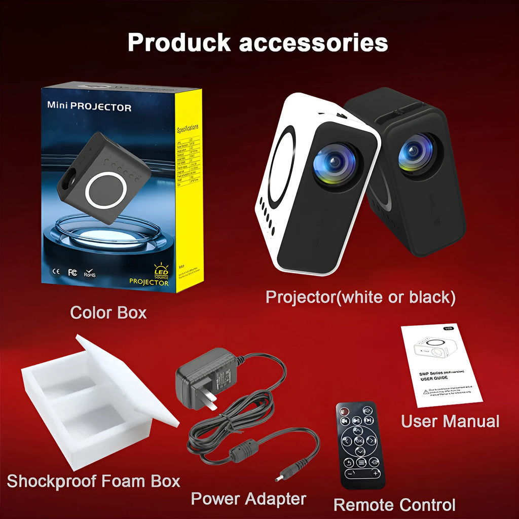 YT300 black or white portable mini projector with remote control on a table
