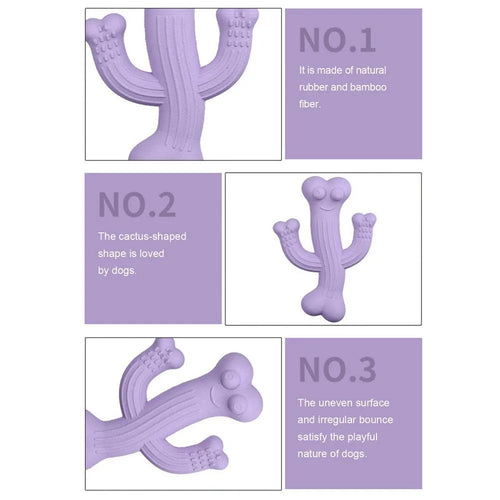 Beige, blue, and purple cactus-shaped dog chew toy made from bamboo fibre and rubber, shown in small and large sizes.