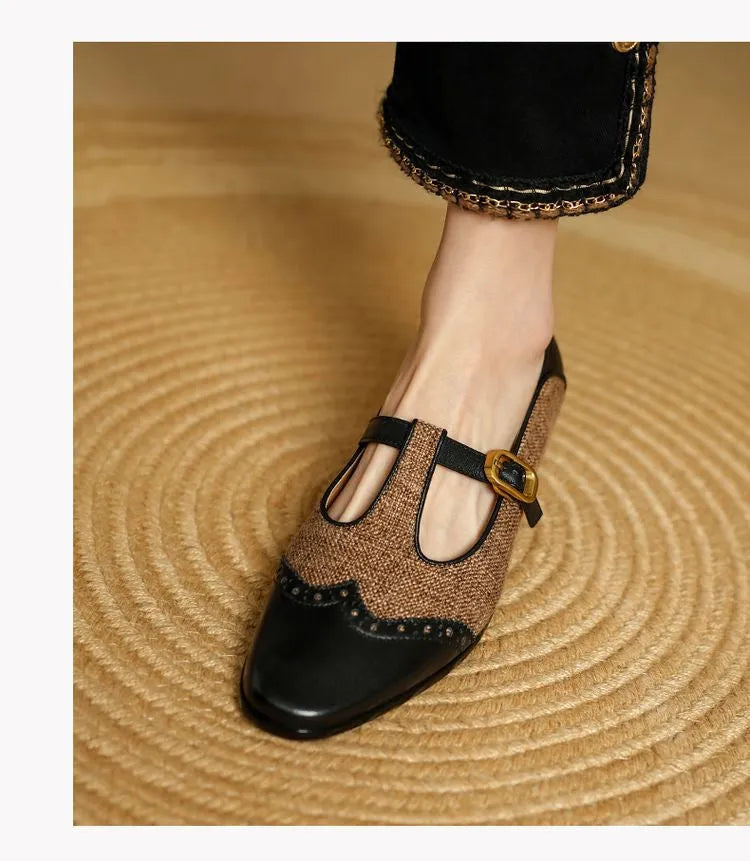 Women's Mary Jane pumps with low chunky heel, T-strap, black cowhide upper, round toe, sizes 34-40