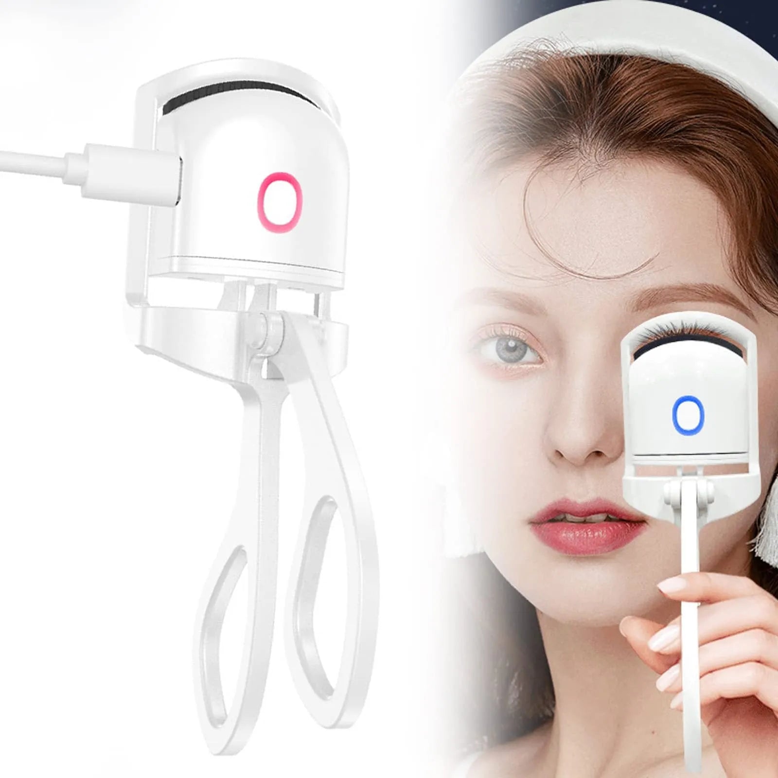 White and pink USB rechargeable heated eyelash curler with dual temperature settings.