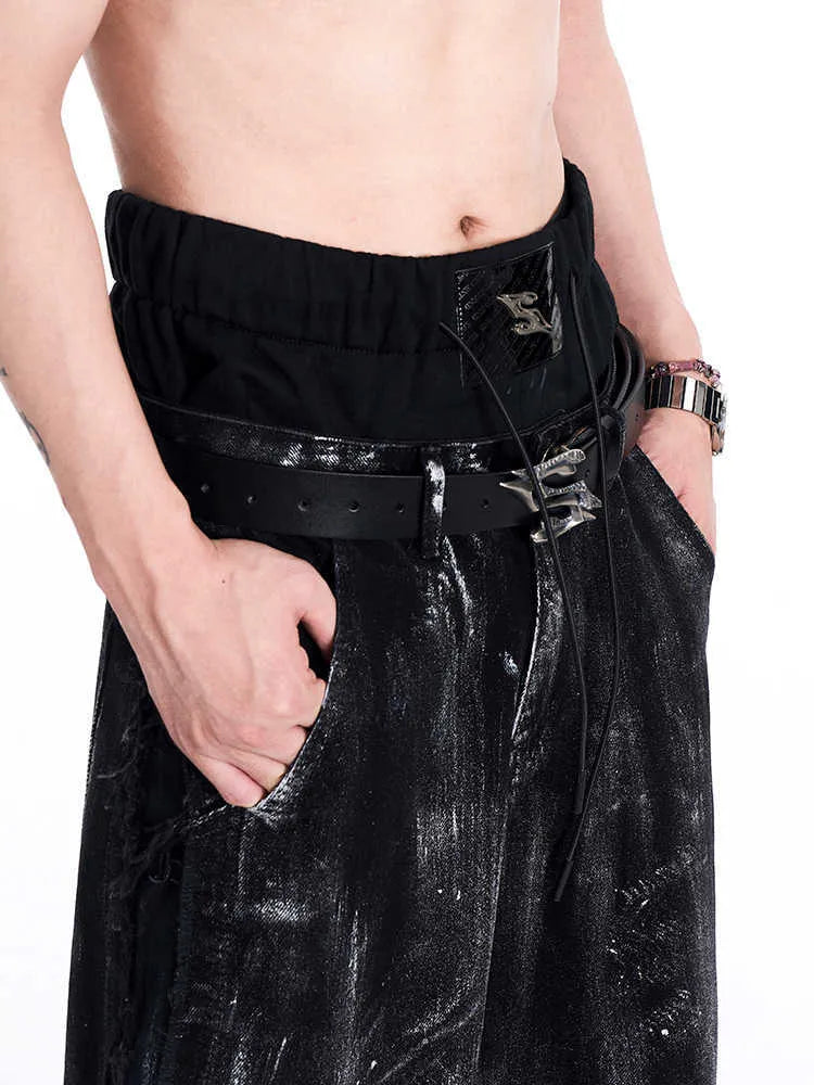 Black men's leather belt with metal buckle on a 110cm length of two-layer cowhide.