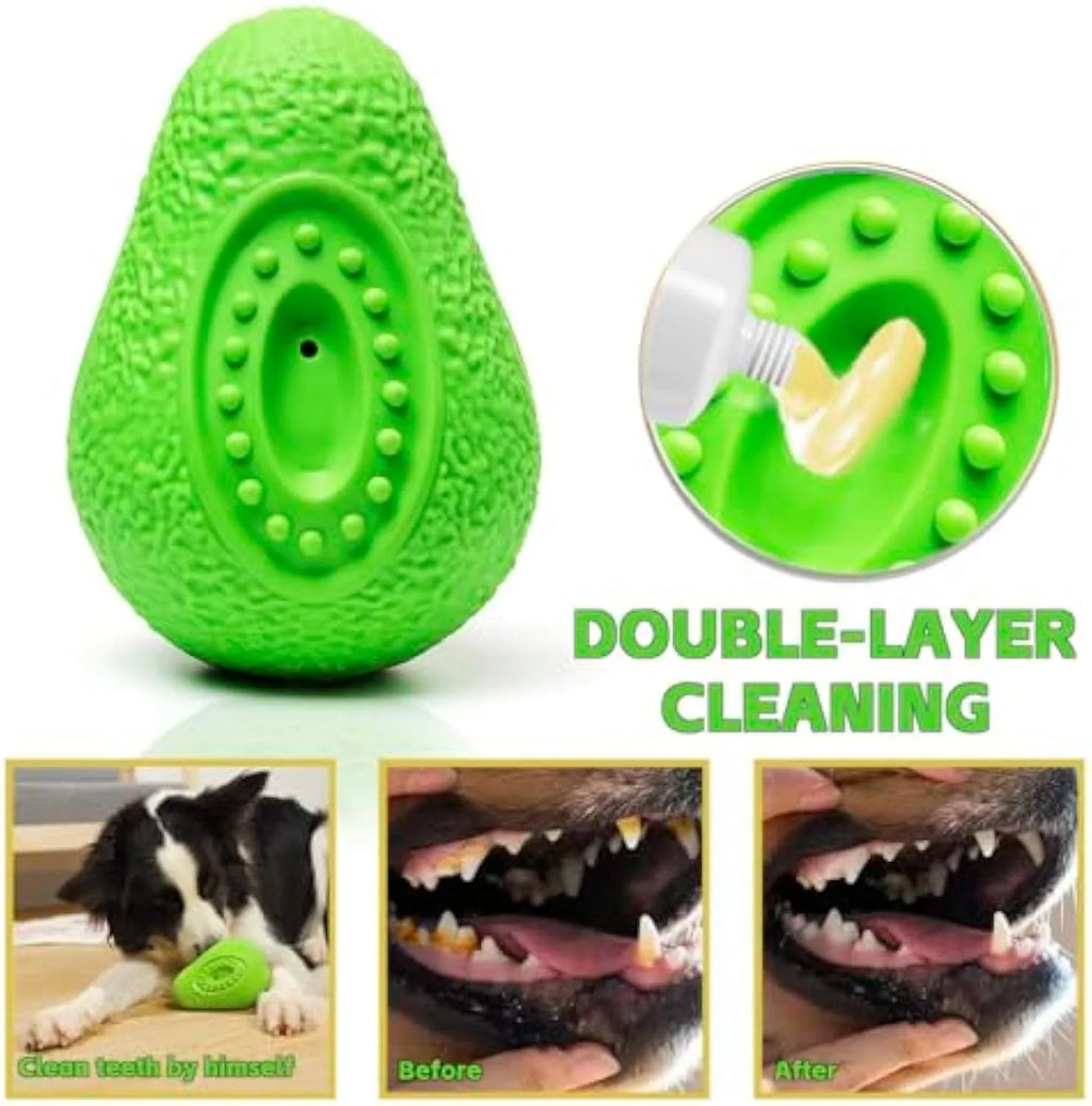 Green avocado-shaped heavy duty natural rubber dog chew toy with textured surface.