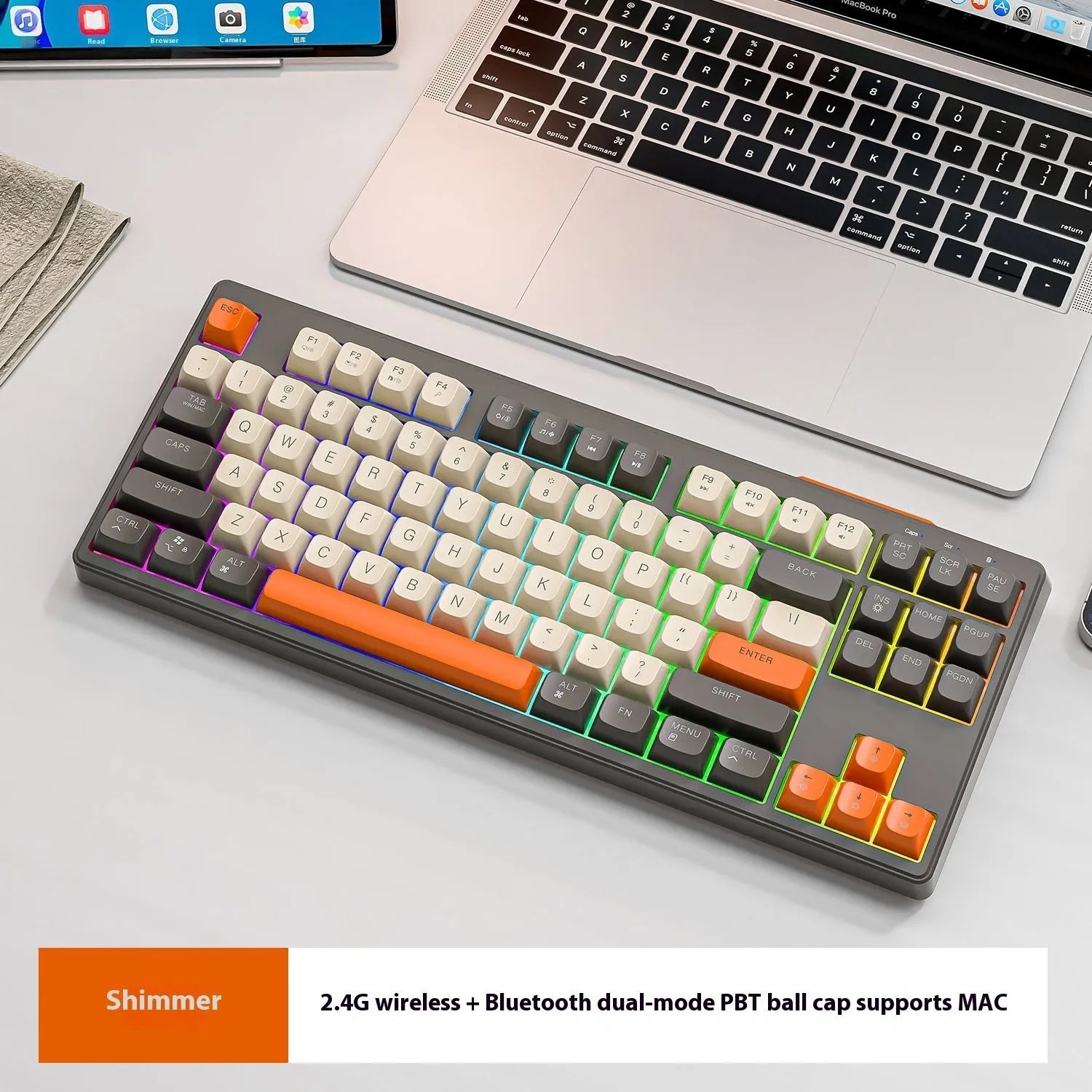 Free Wolf M87 wireless Bluetooth dual-mode mechanical feel keyboard in blueberry colour on a desk