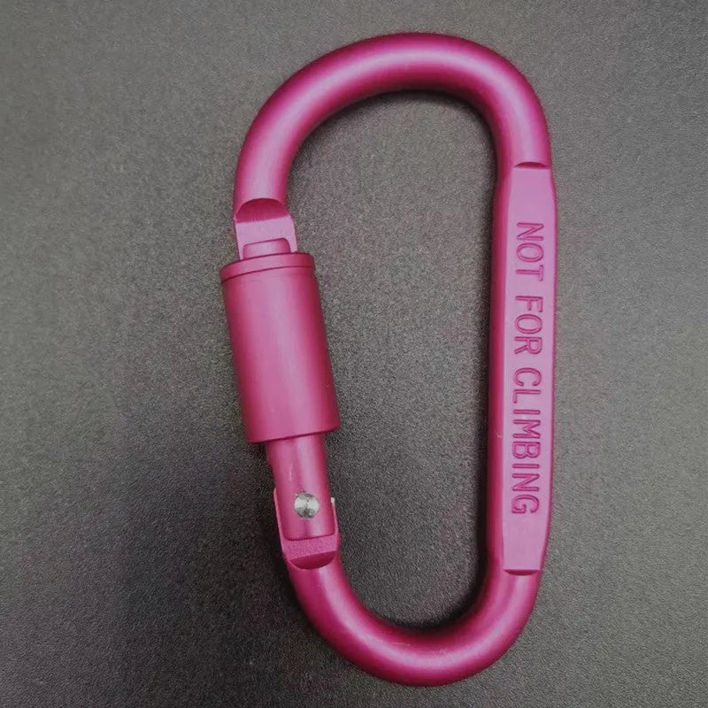 Silver D-shaped aluminium locking carabiner with an 8cm profile on a grey background.