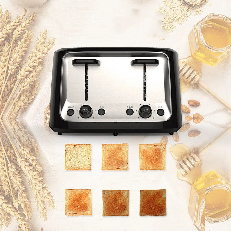 Black home automatic four slot toaster with 1500W power and adjustable baking colour gear knob on a countertop