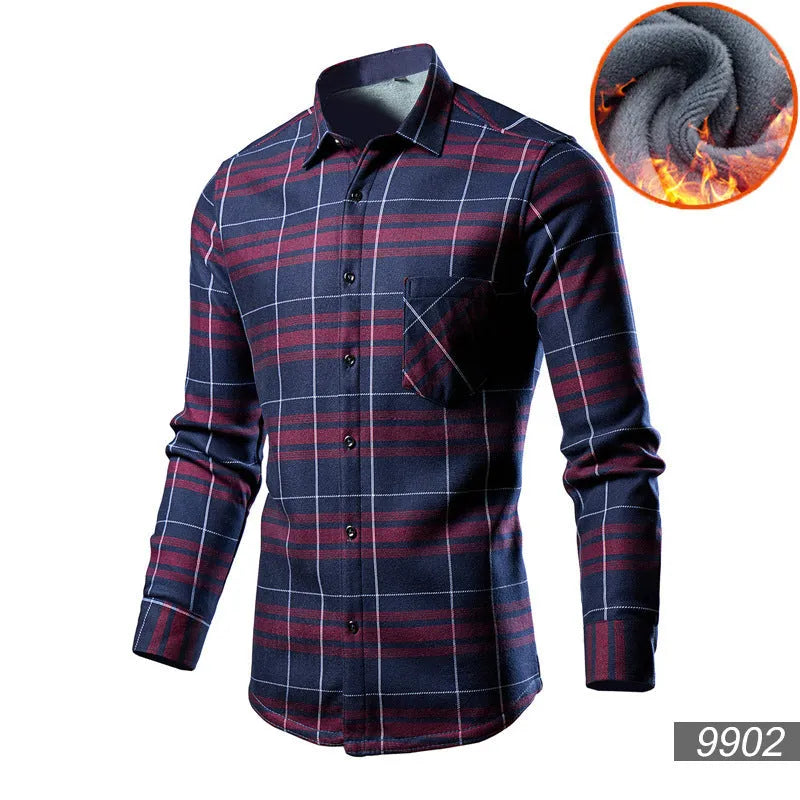 Men's loose-fitting fleece-lined cotton blend cardigan shirt in a solid colour