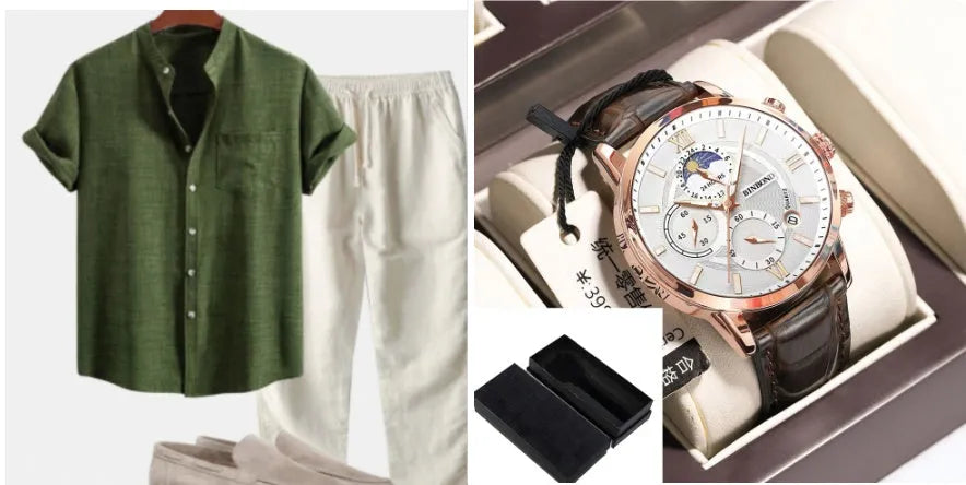 Men's slim-fit short-sleeved shirt with stand collar and digital print, shown with matching pants, shoes, and watch.