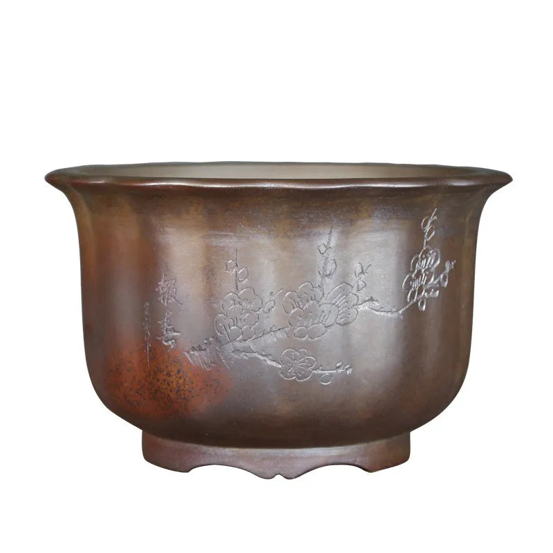 Antique carved purple sand ceramic flower pot with wood burning pattern for indoor plants