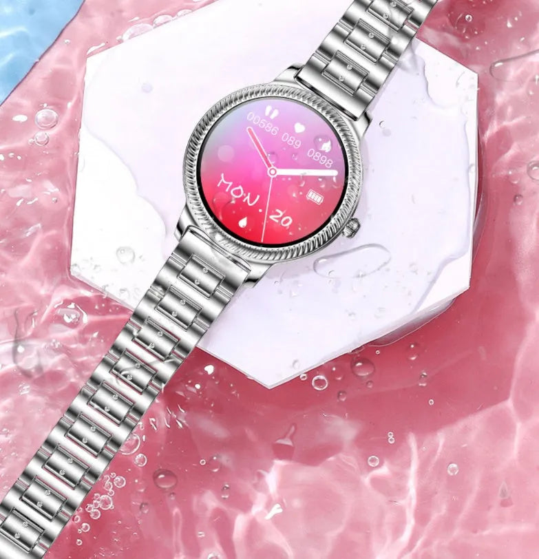 AK38 Ladies Smart Watch with stainless steel wristband and 1.09-inch colour screen