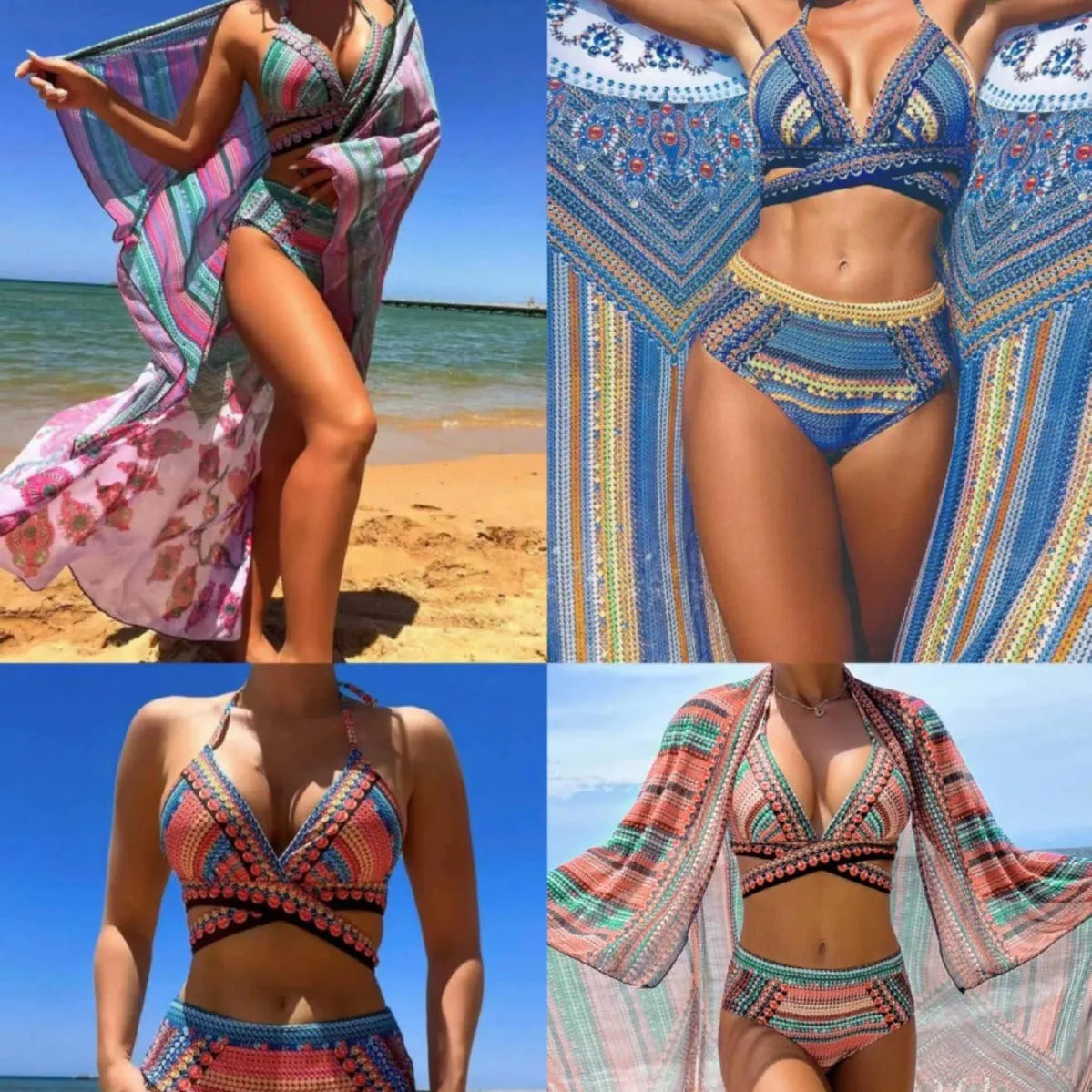 Women's blue cross bandage bikini top with high-waist split-side briefs from three-piece swimsuit set