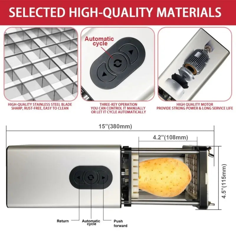 Black electric french fry cutter machine with stainless steel blades on a kitchen countertop.