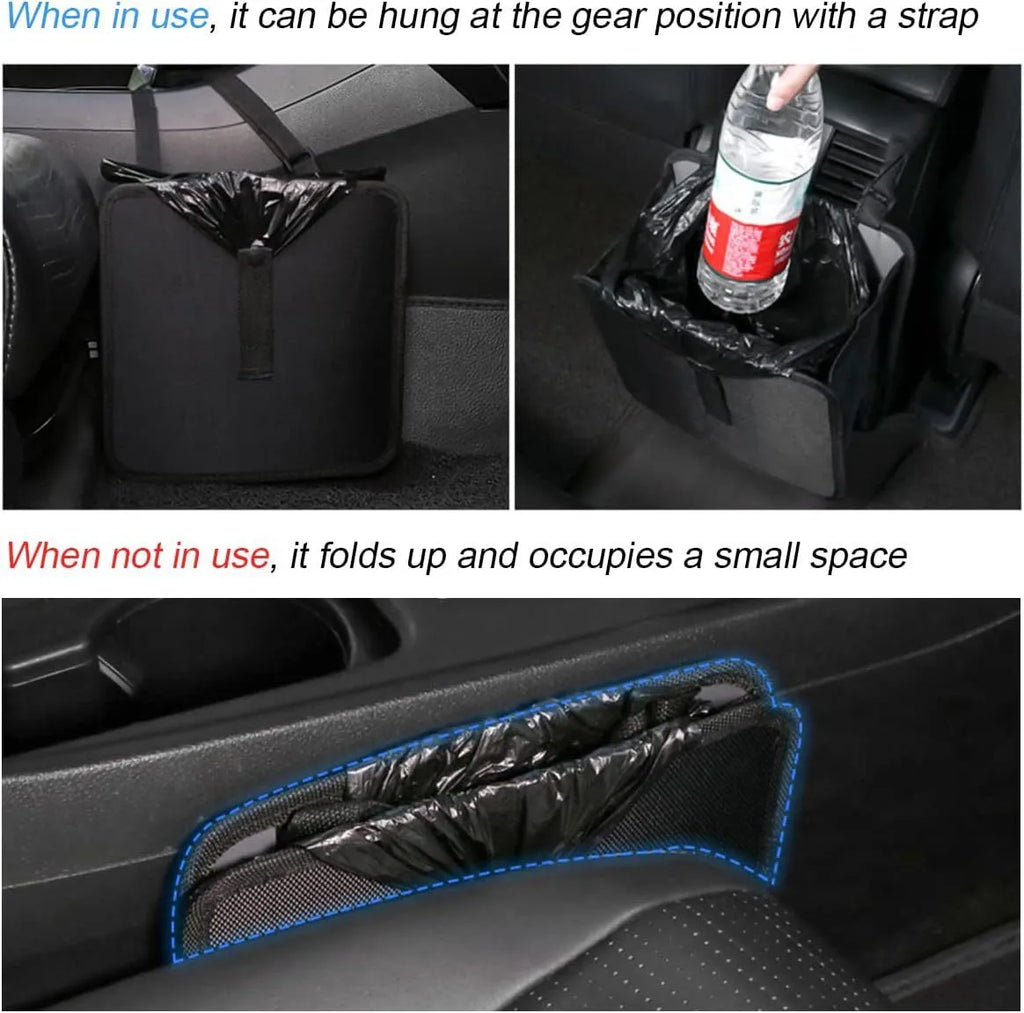 Black car folding trash can made from waterproof Oxford cloth, shown hanging
