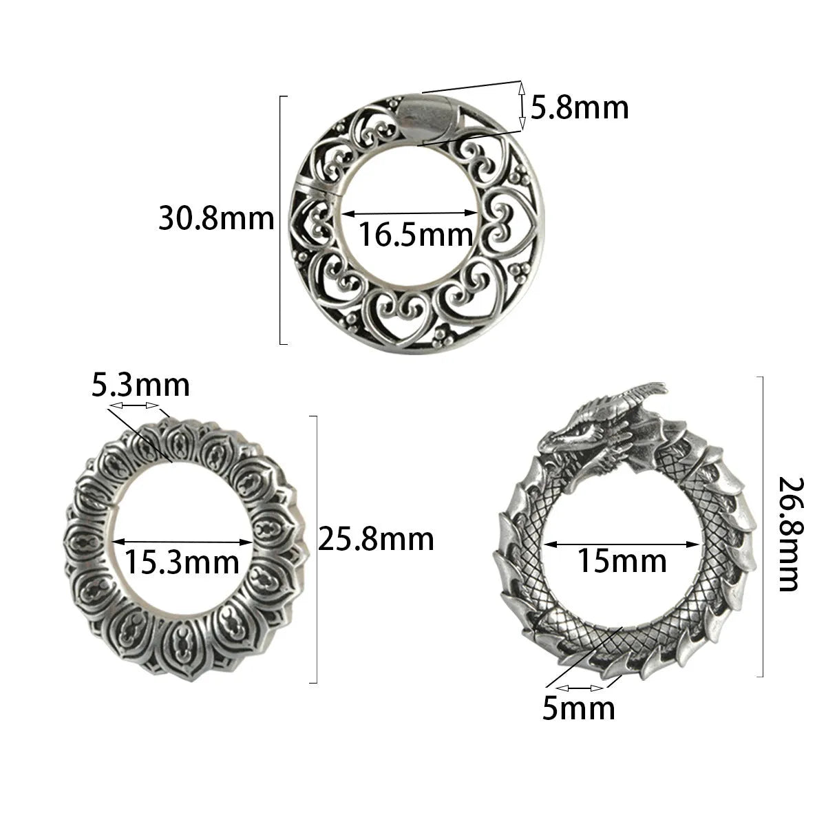 Large hollow out stainless steel earrings with an antique silver dragon design.