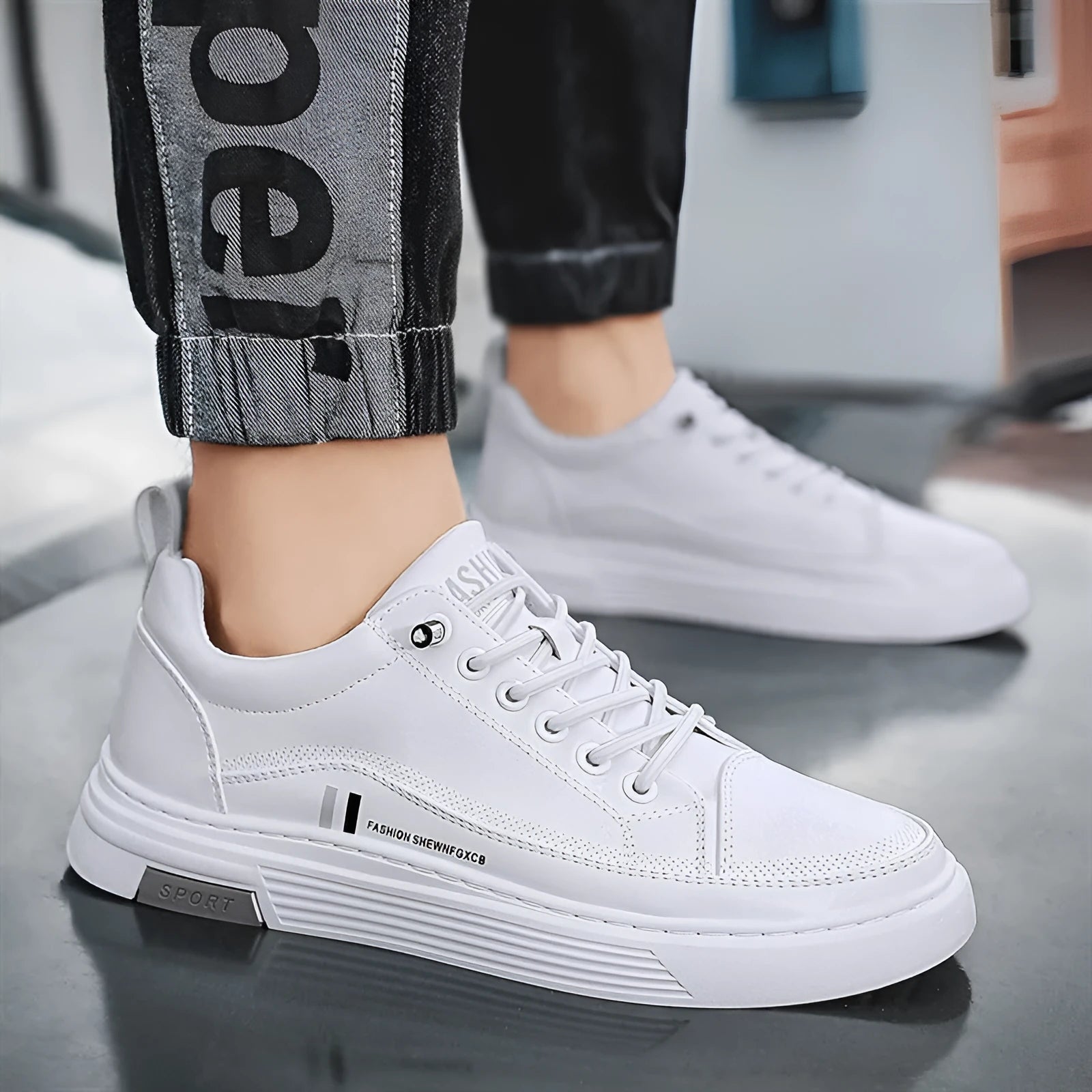 Men's casual skateboard shoes with microfiber upper and elastic band closure in white or black