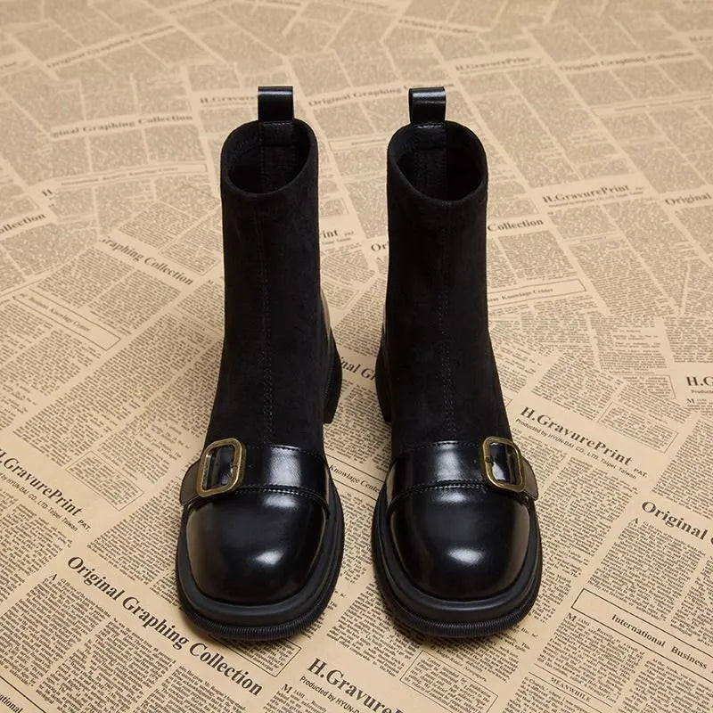 Brown retro British style women's sock boots with block heel and leather splicing detail