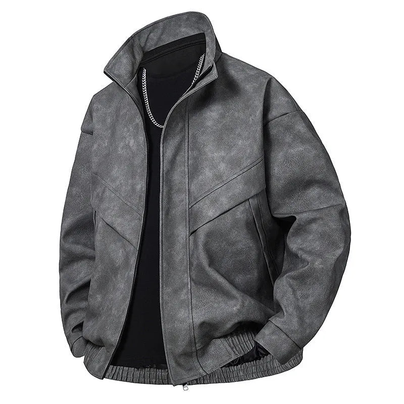 Men's slim fit PU leather coat in Black Gray, straight hem, side pockets, spring autumn casual wear