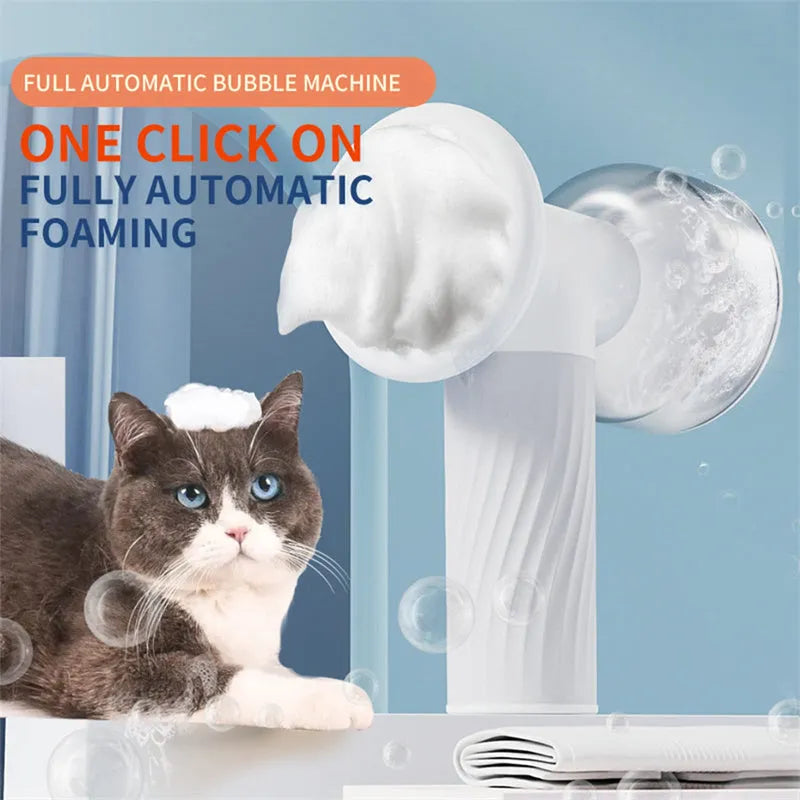 Automatic foaming dog cat bath brush with soap dispenser and silicone bristles, handheld and wireless, for pet grooming