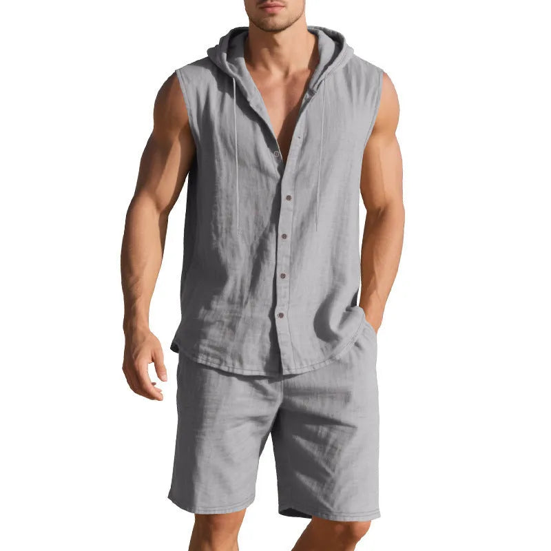 Men's linen sleeveless shirt and shorts suit in army green, front view, summer casual two-piece set