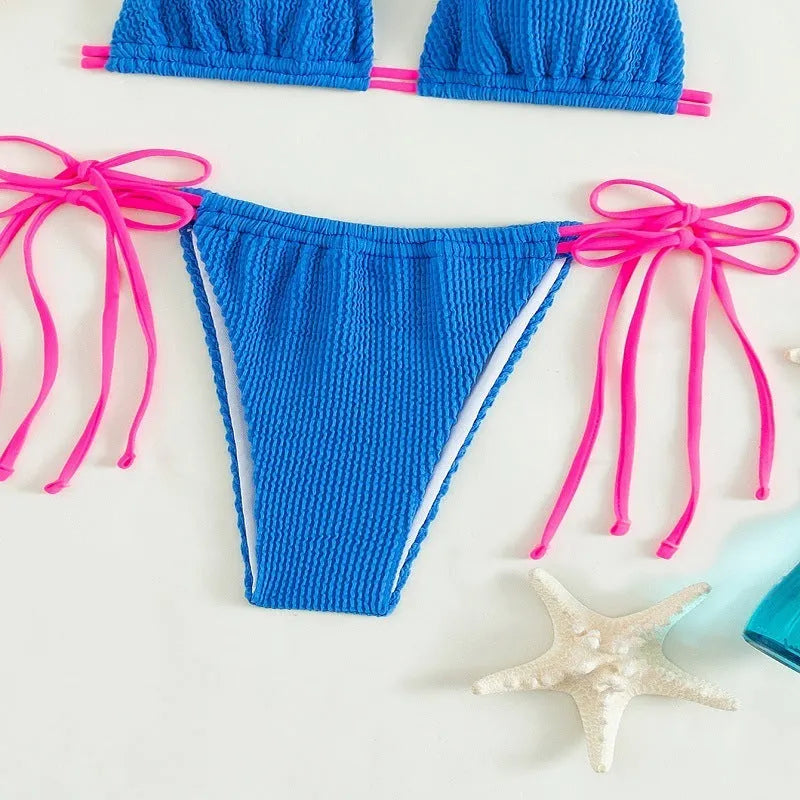 Women's lace up swimsuit bikini set in nylon fabric available in multiple colours