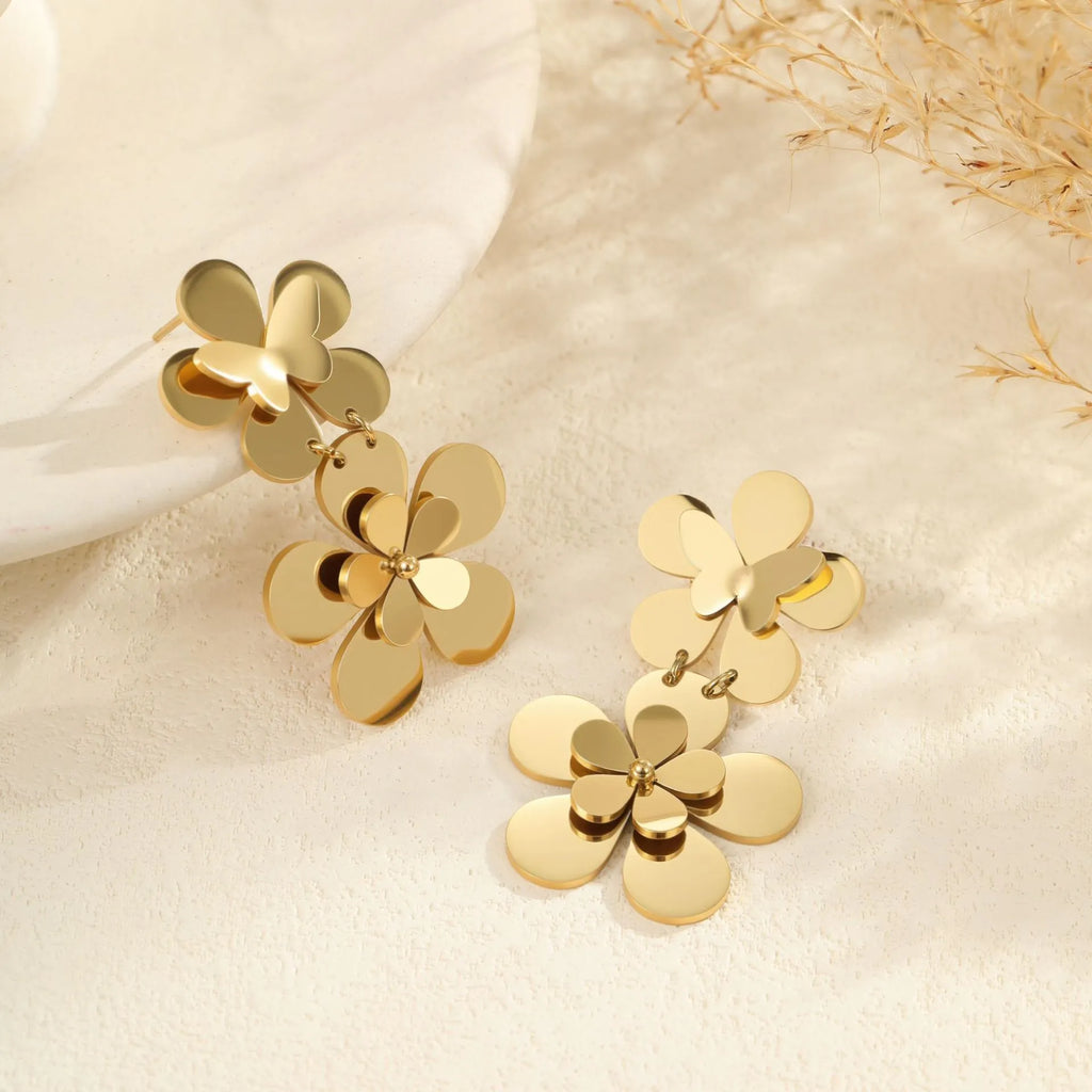 Women's floral butterfly stainless steel earrings with 18K gold electroplated finish