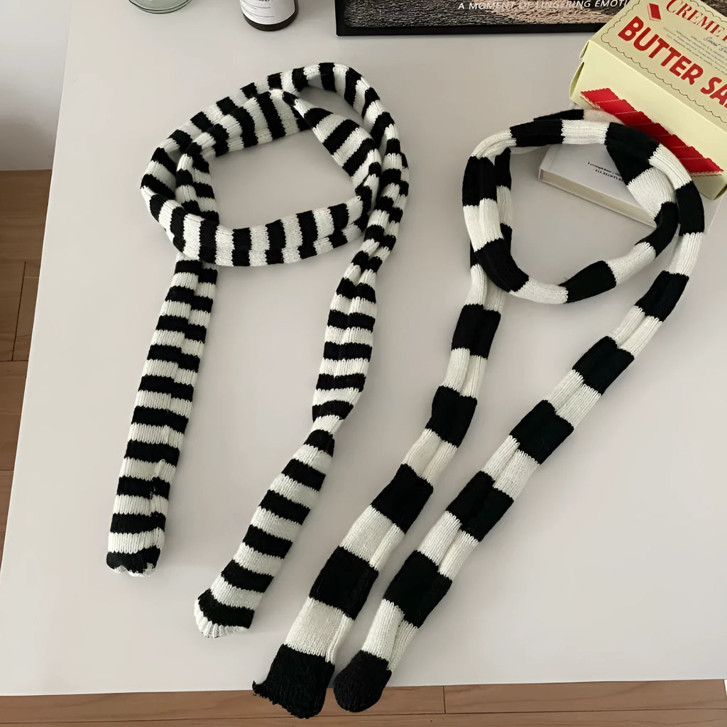 Black and white striped thickened wool decorative thin scarf unisex knitted yarn winter accessory