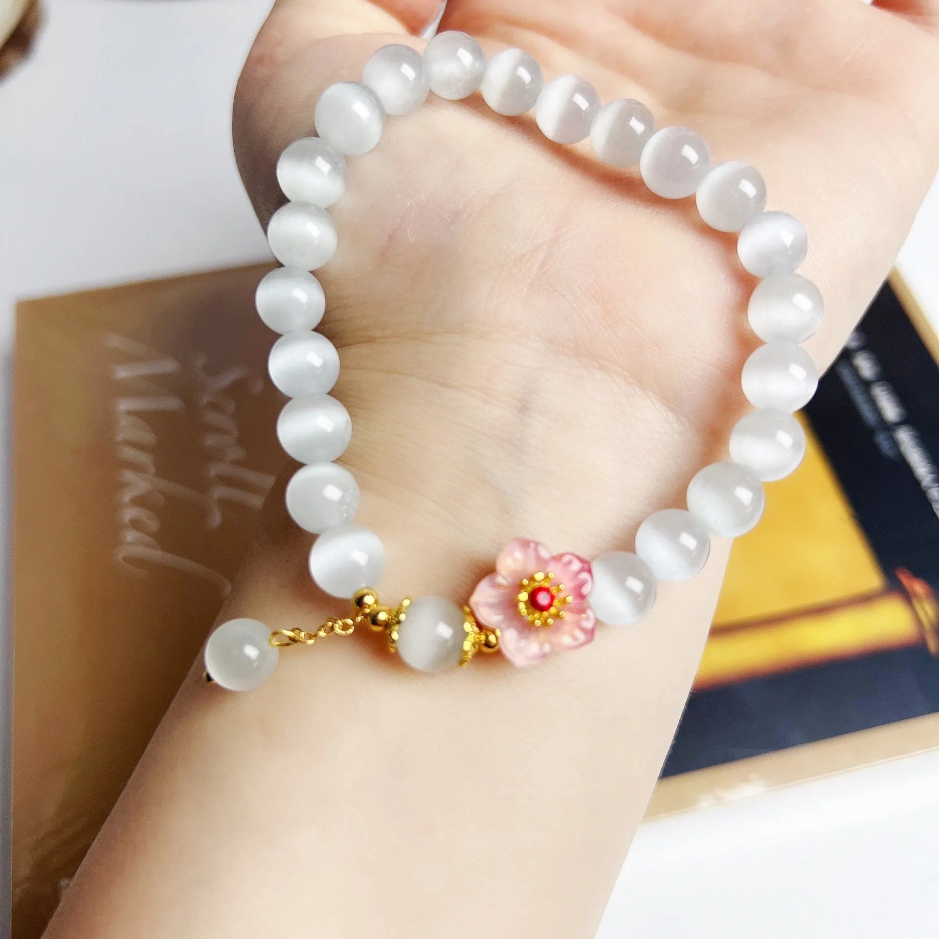 White opal flower beaded bracelet Chinese style with glass and coloured glaze beads