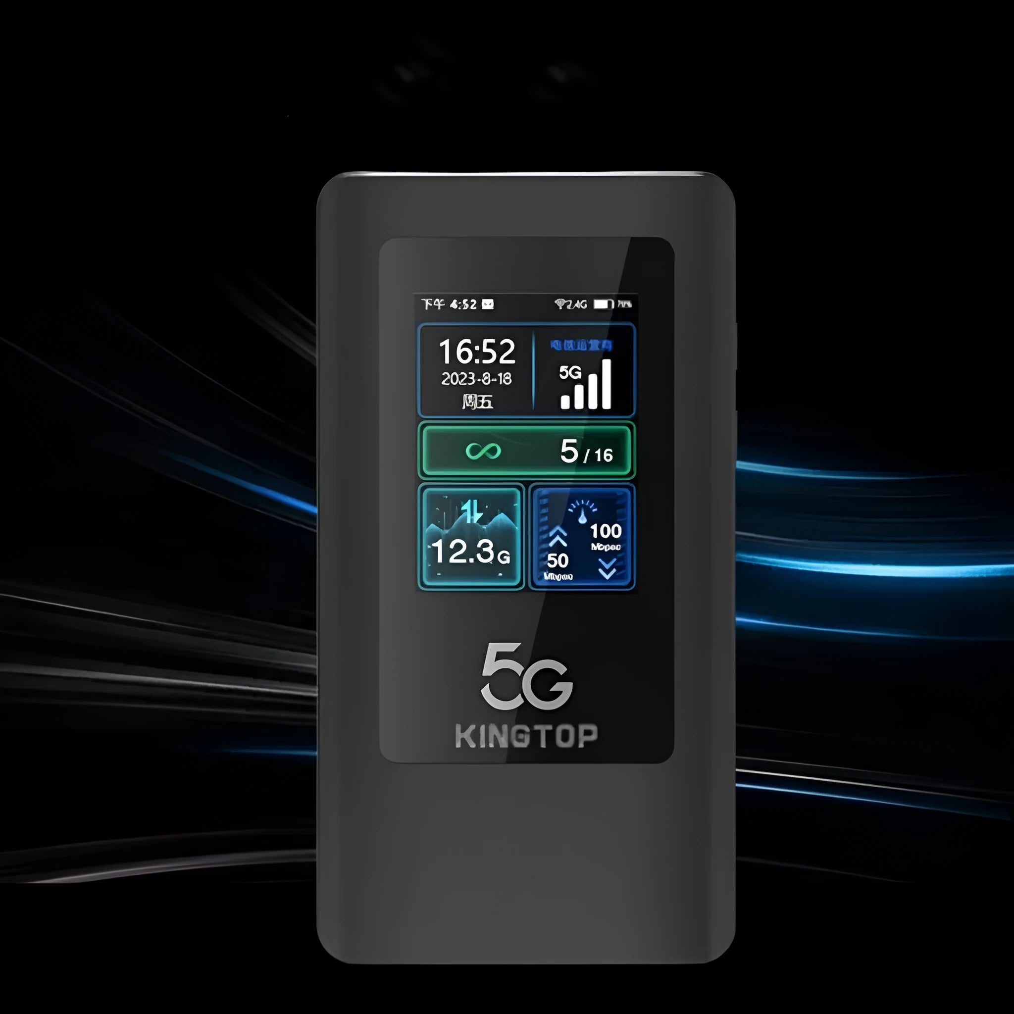 Black portable 5G Wi-Fi router showing LCD screen, USB-C port, and compact design