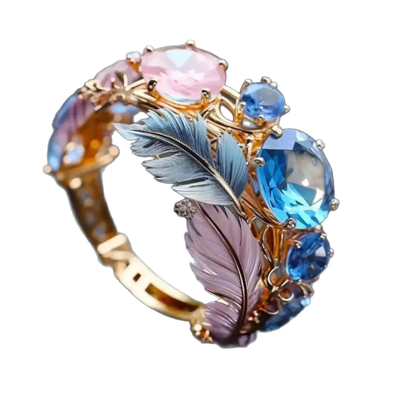 Embossed feather ring with colourful zircon detailing on geometric brass band