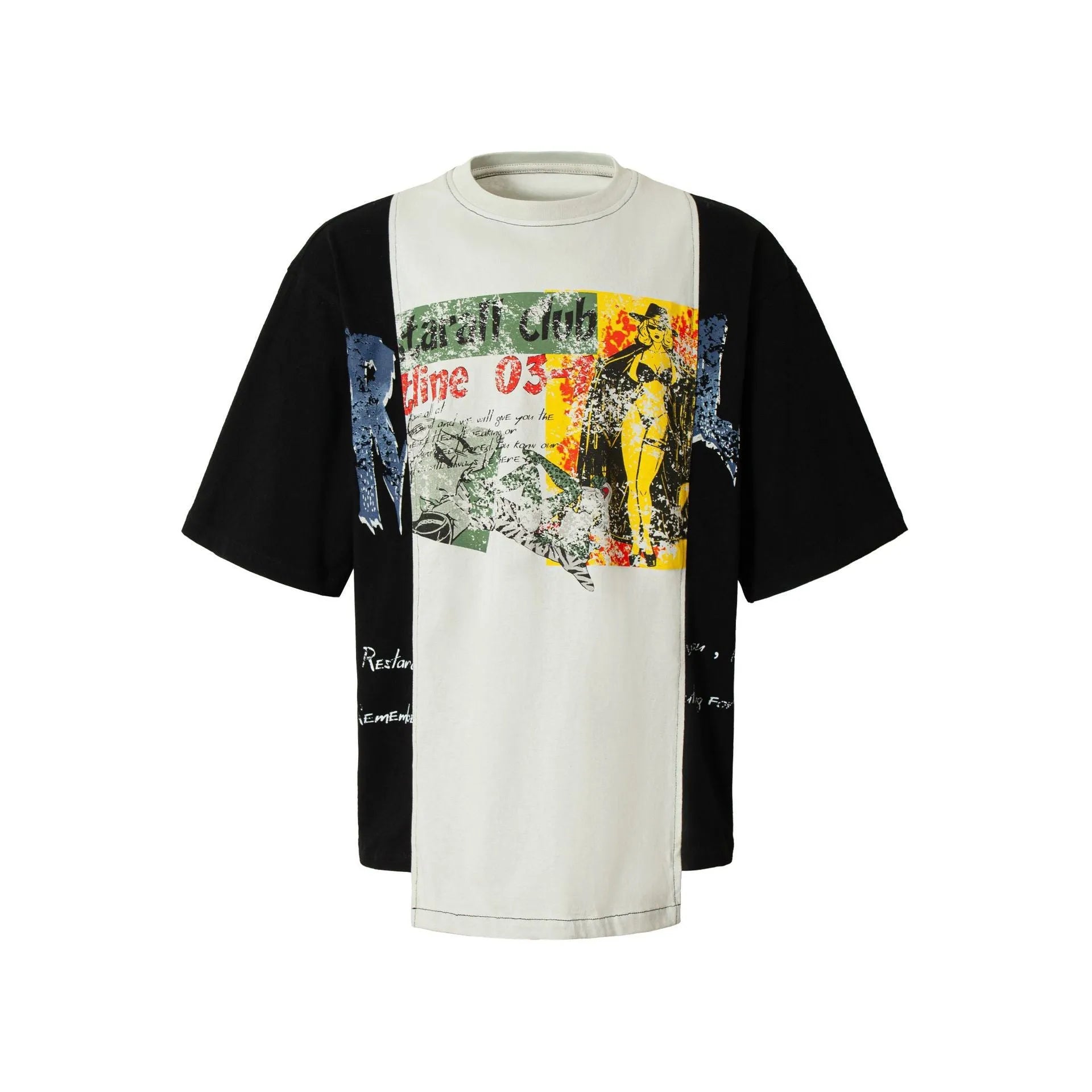 Men's loose fit black and white deconstruction print cotton blend t-shirt on hanger.