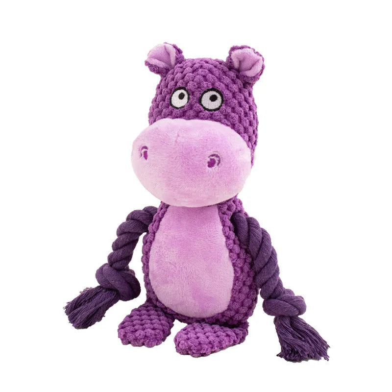 Hippo-shaped plush dog toy with cotton rope sections for tug-of-war games