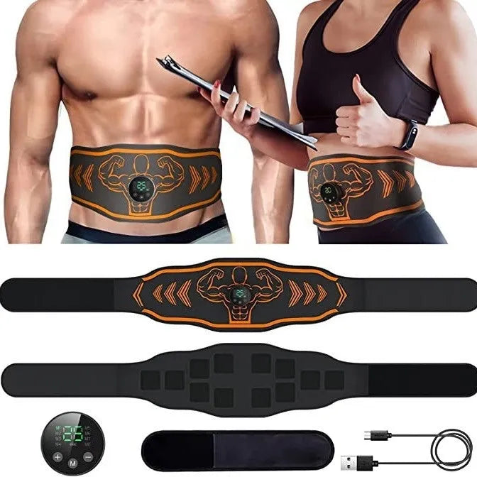 Blue and orange rechargeable EMS smart massage belt with timer and arm stickers.