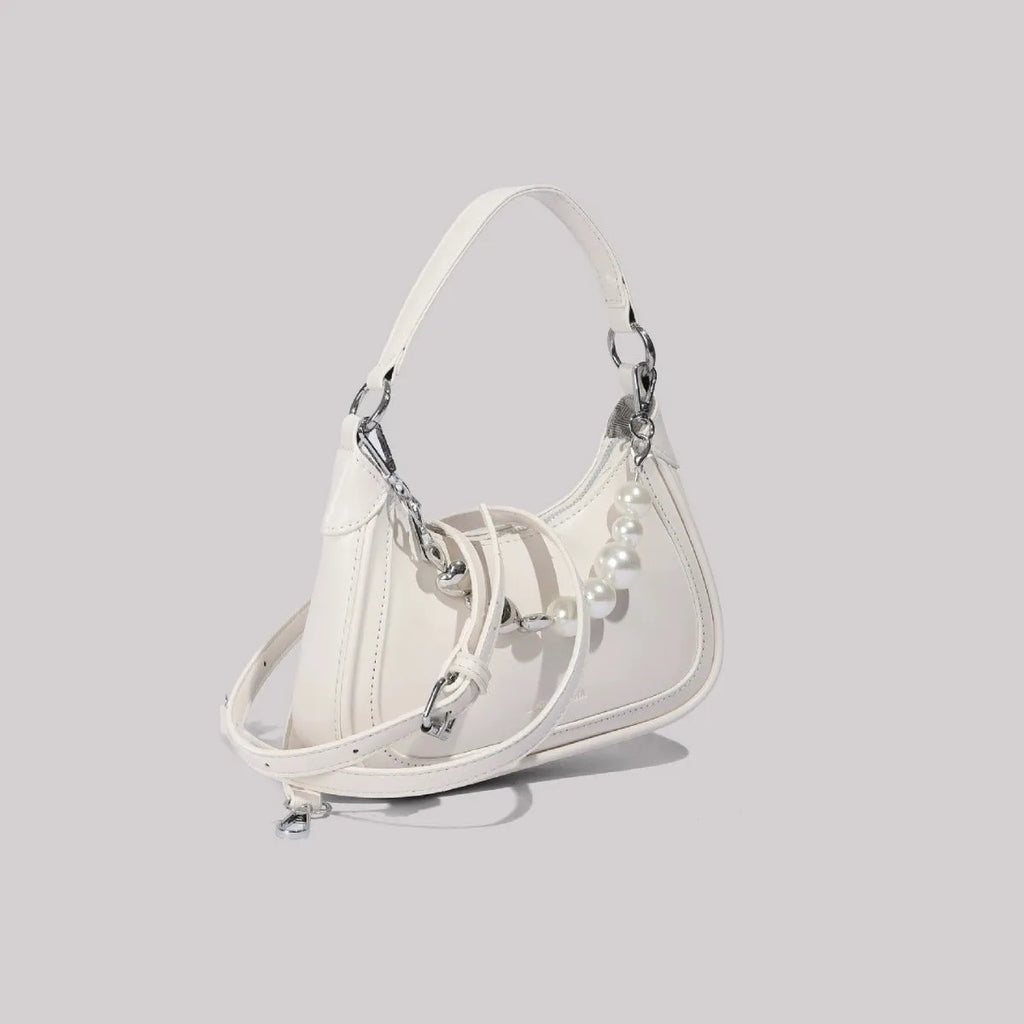 White PU crossbody bag vertical square shape with sewing line detail and three-dimensional outer pocket