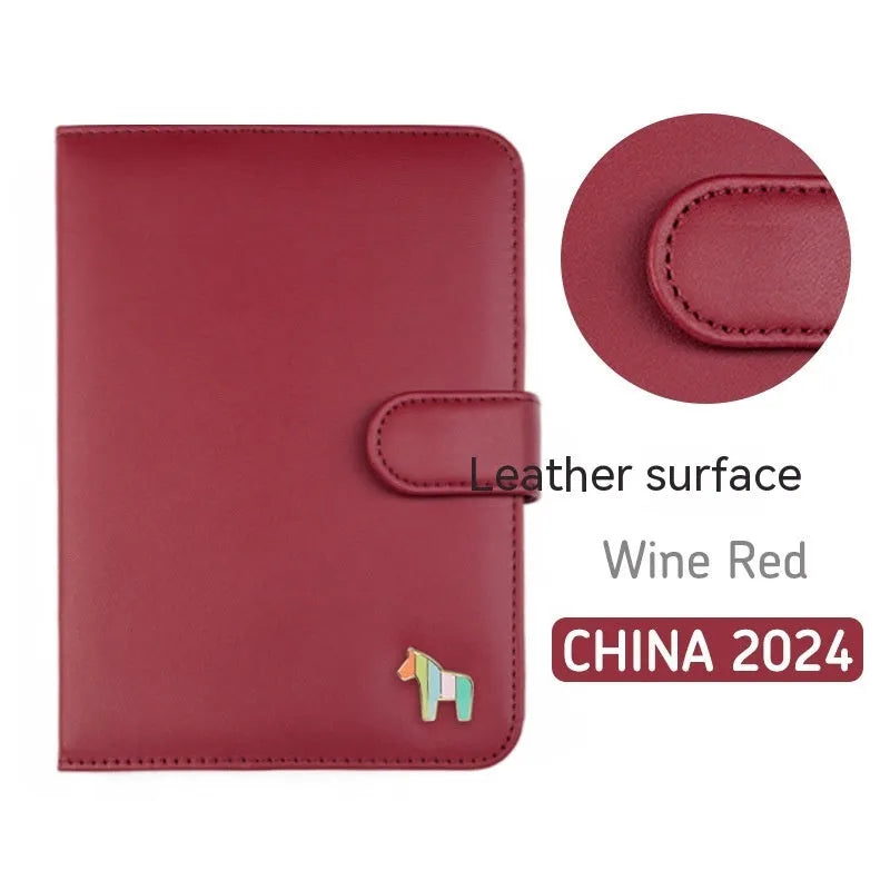 Leather schedule book showing 164x120mm dimensions with 396-day account pages and multiple colour options