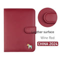 Leather schedule book showing 164x120mm dimensions with 396-day account pages and multiple colour options