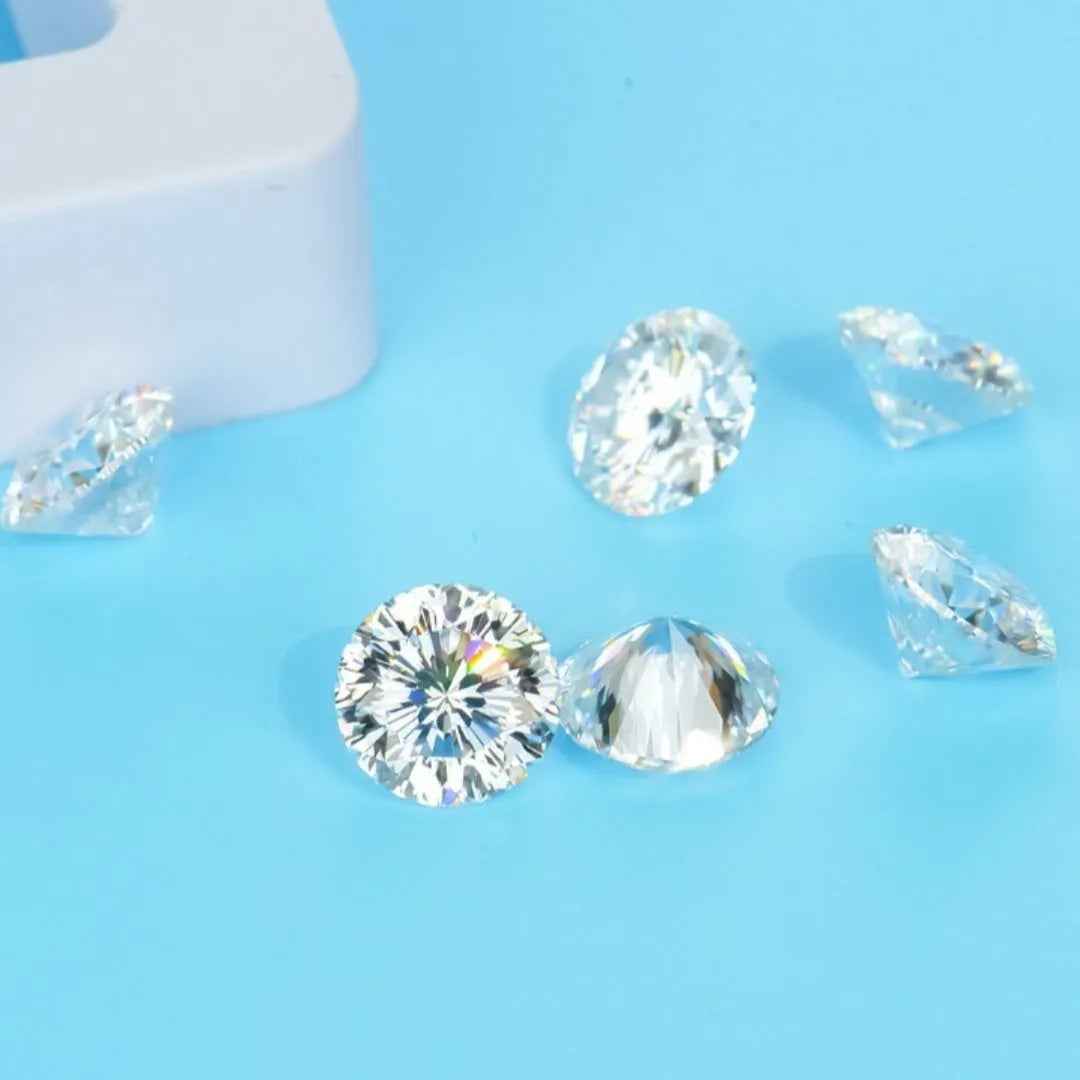 Round brilliant cut moissanite stone showing eight hearts eight arrows pattern with polished surfaces
