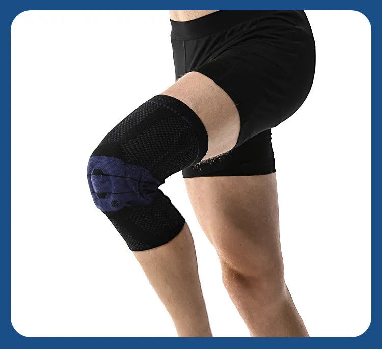 Adult basketball knee pads in nylon and spandex, sizes S M L XL, black and blue or grey and blue.