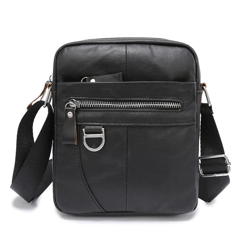Black retro genuine leather shoulder messenger bag for boys with sewing line detailing