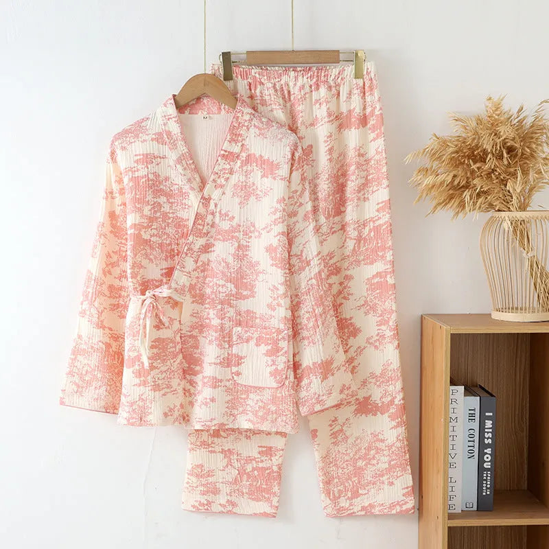 Women's long sleeve cotton gauze lounge suit set in blue frosted pine trees colour.