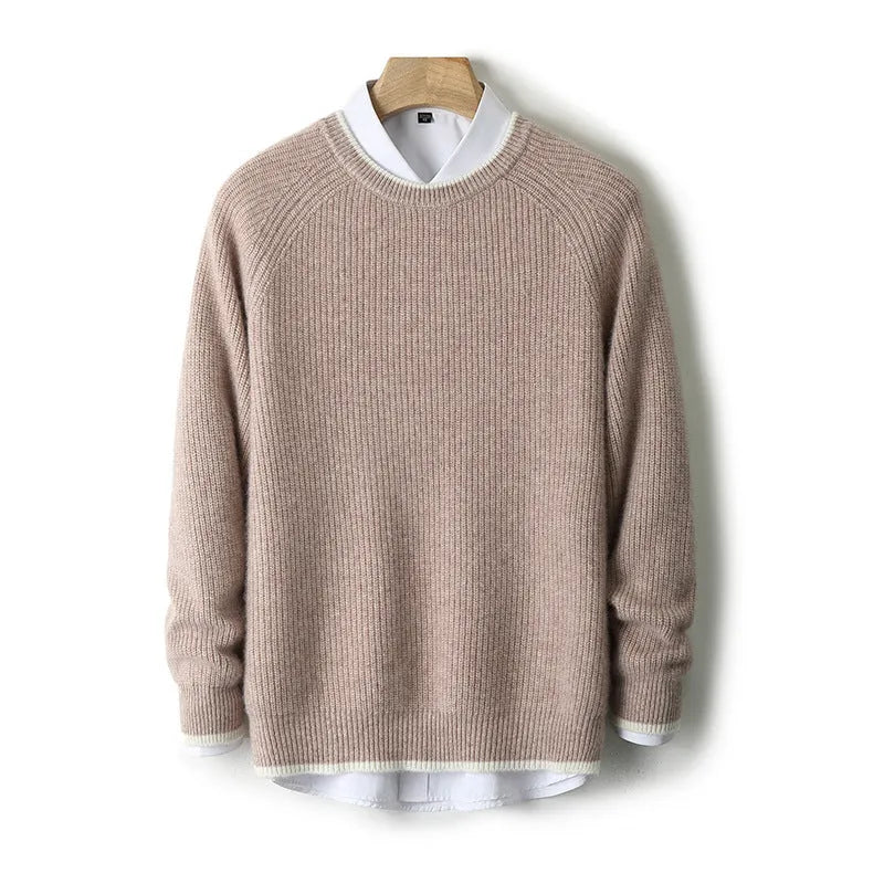 Men wool thickened double-strand round neck sweater in camel, long sleeve knit jumper winter wear